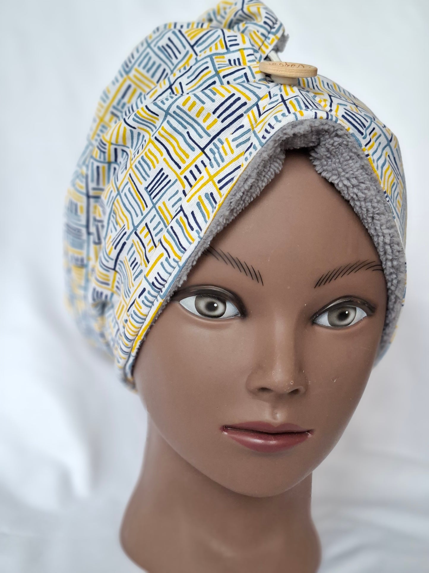 Handtuchturban Grau mit blau -gelben Streifen