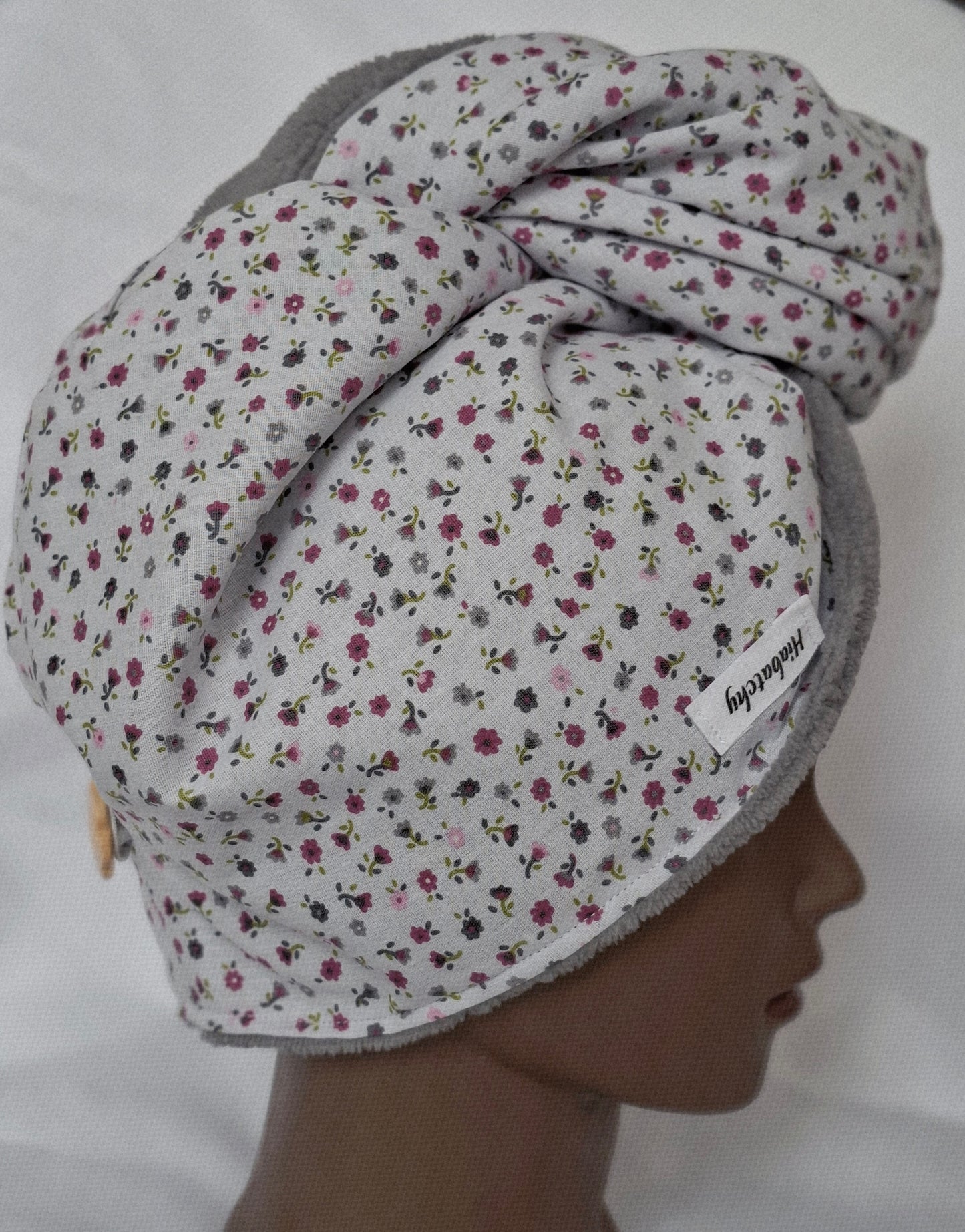 Handtuchturban Grau mit Blümchen Rosa-grau