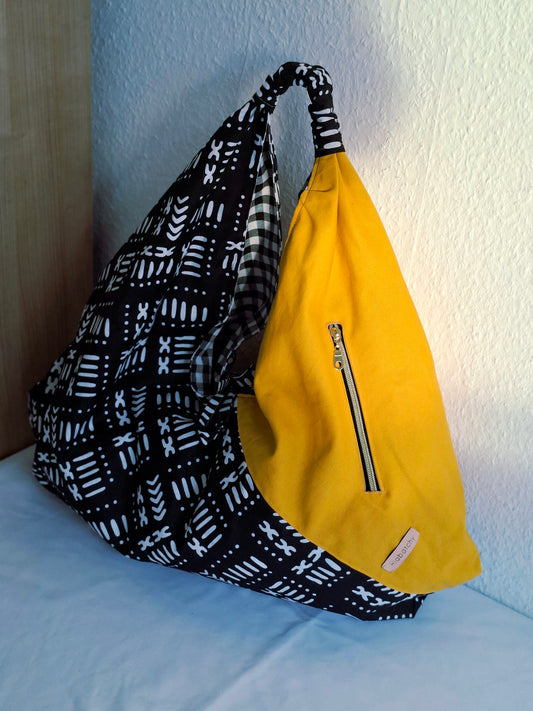 Origamihandtasche Gelb mit Schwarz-weiß Ethno-Muster