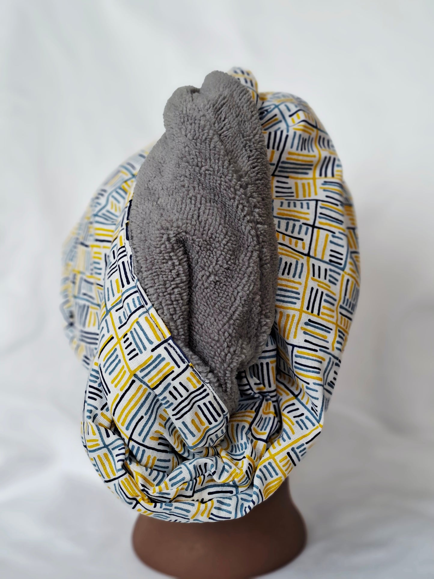 Handtuchturban Grau mit blau -gelben Streifen