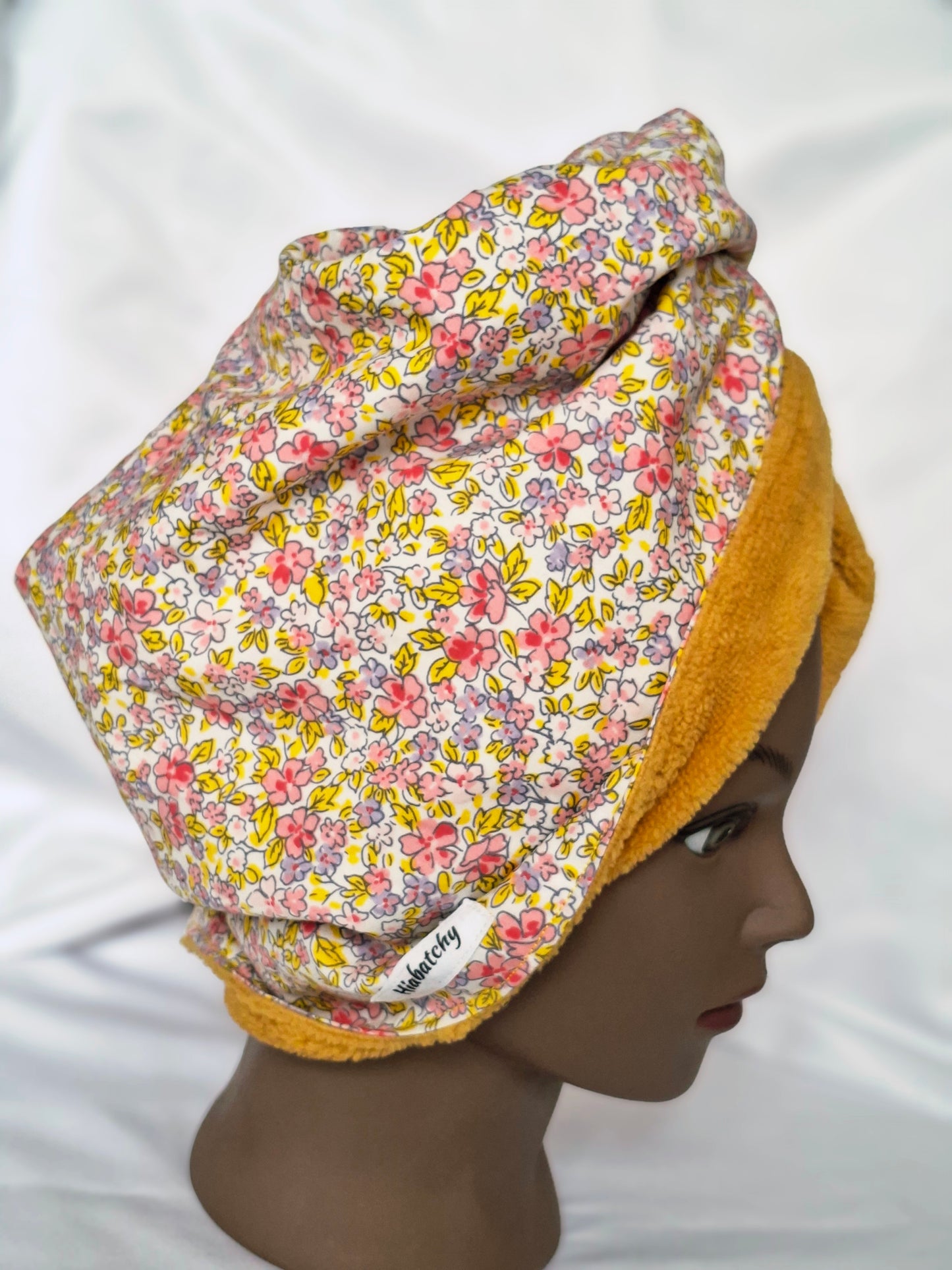 Handtuchturban Gelb mit rosa Blümchen