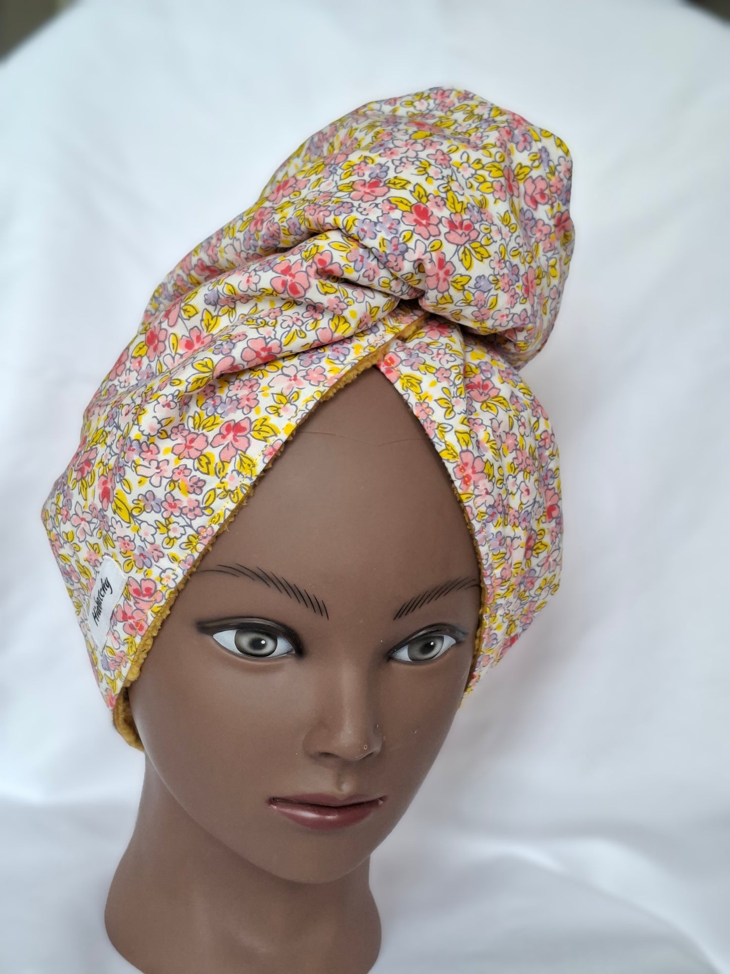 Handtuchturban Gelb mit rosa Blümchen