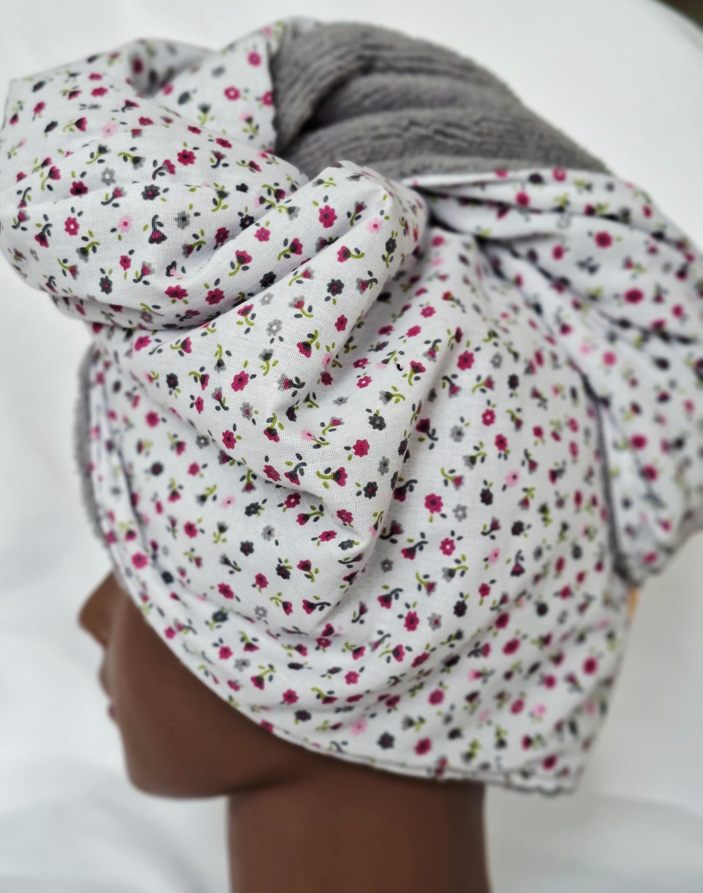 Handtuchturban Grau mit Blümchen Rosa-grau