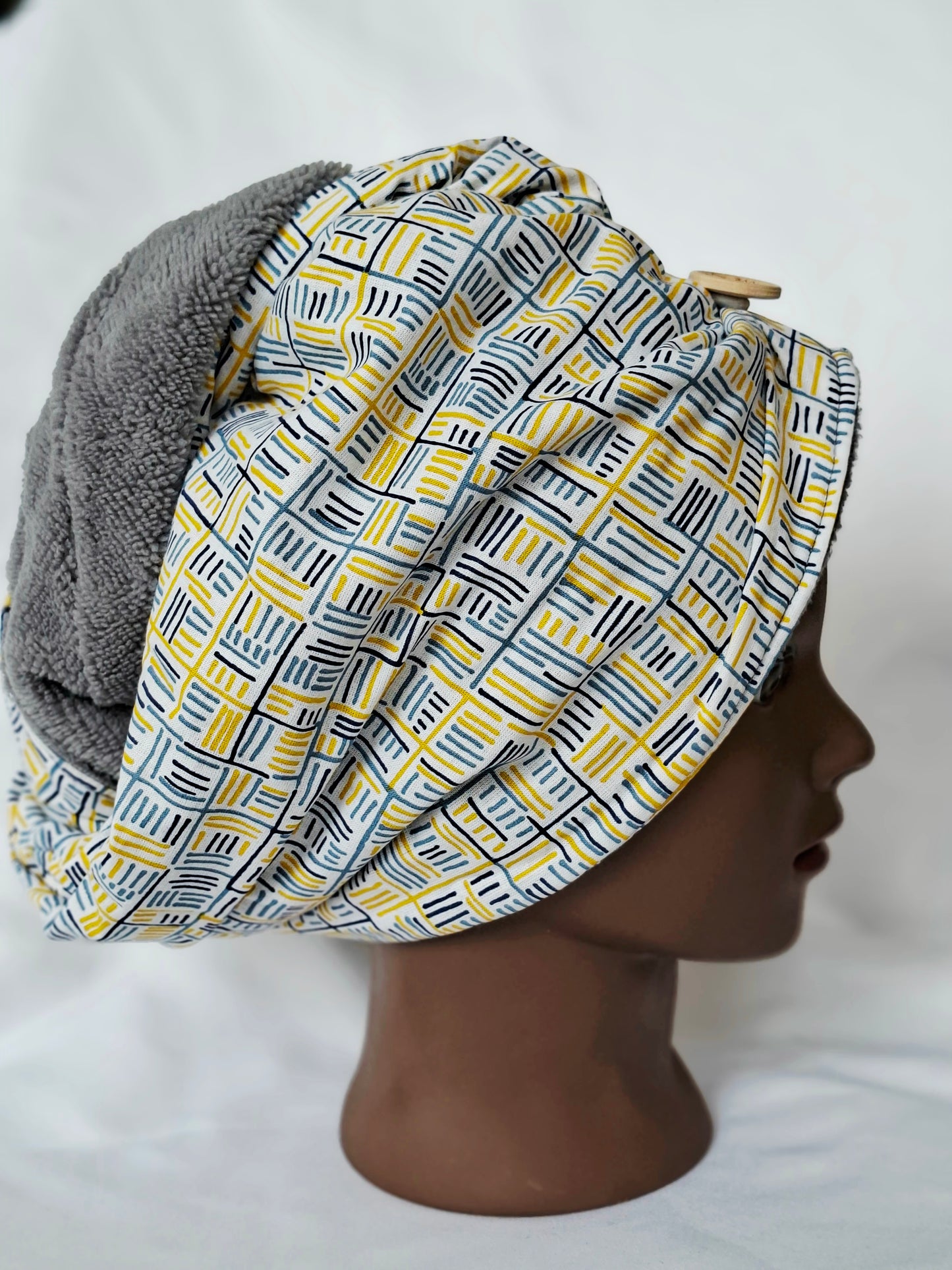 Handtuchturban Grau mit blau -gelben Streifen