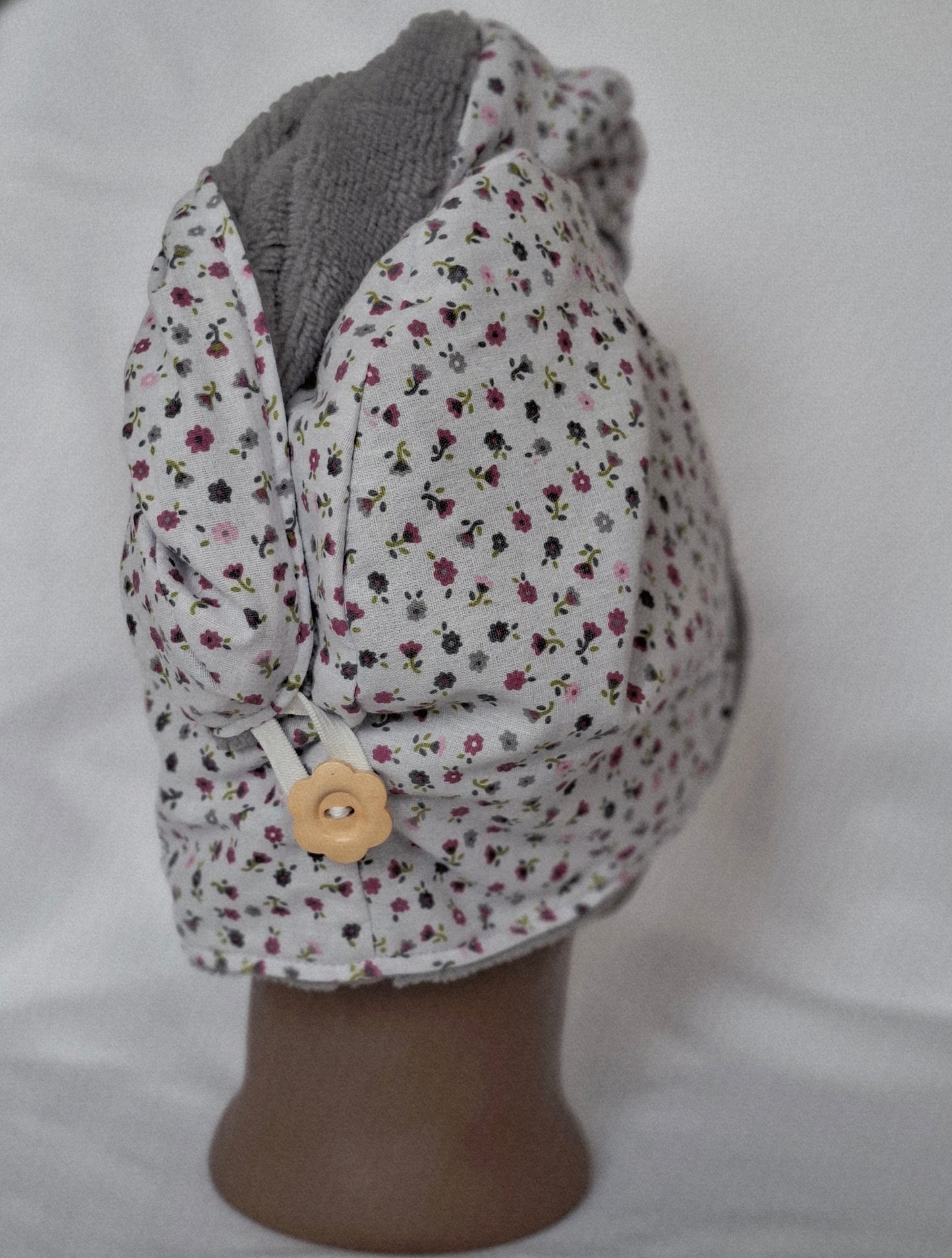 Handtuchturban Grau mit Blümchen Rosa-grau