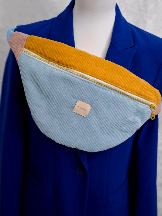 Bauchtasche aus Cord Blau, Senf und altrosa,mit geometrischem Futter